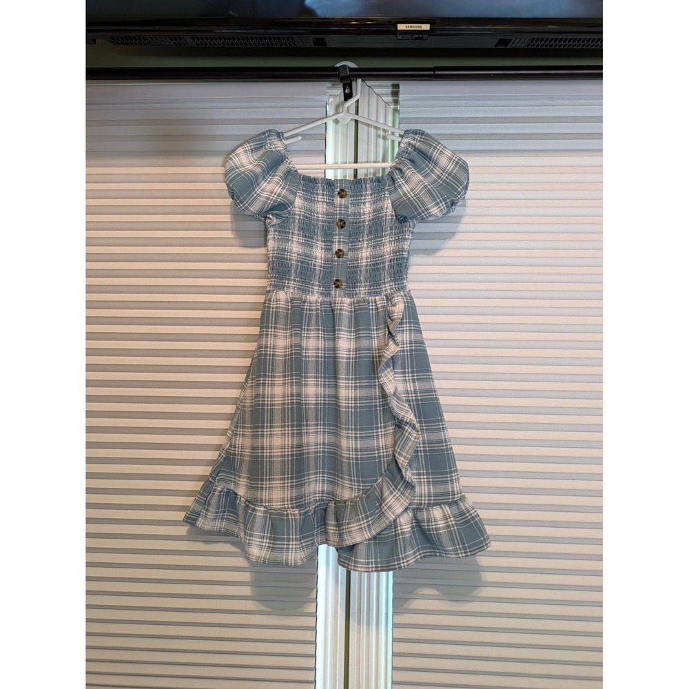 Wonder Nation Girls Blue White Plaid Smocked Ruffle Dress Size S 6-6X